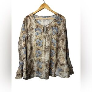 Vintage MXM Animal Print Floral Blouse Women’s Size 16 Bell Sleeve Tie Neck Top